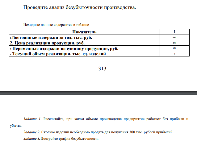 Проведите анализ безубыточности производства. Исходные данные содержатся в таблице Показатель 1 1. Постоянные издержки за год, тыс. руб. 640