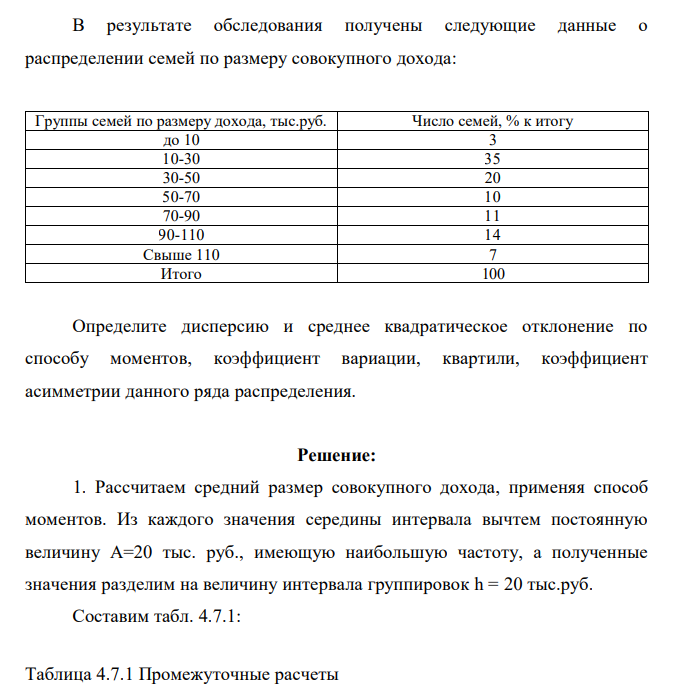 В результате обследования получены следующие данные о распределении семей по размеру совокупного дохода: Группы семей по размеру дохода, тыс.руб. Число семей, % к итогу до 10 3 10-30 35 30-50 20 50-70 10 70-90 11 90-110