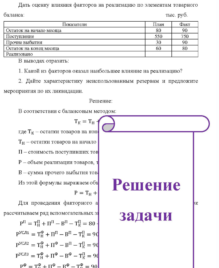 Дать оценку влияния факторов на реализацию по элементам товарного баланса: тыс. руб. Остаток на начало месяца Поступление Прочие выбытия я Остаток на конец месяца Реализовано Показатели План 80 550 30 60 Факт 90 750 90 80 В выводах отразить: 1. Какой из факторов оказал