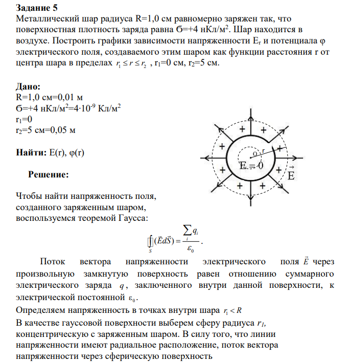 Металлический шар радиуса R=1,0 см равномерно заряжен так, что поверхностная плотность заряда равна Ϭ=+4 нКл/м2 . Шар находится в воздухе. Построить графики зависимости напряженности Еr и потенциала φ электрического