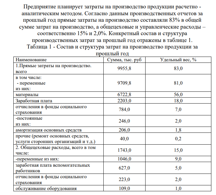 Предприятие планирует затраты на производство продукции расчетно - аналитическим методом. Согласно данным производственных отчетов за прошлый год прямые затраты на производство составляли 83% в общей сумме затрат на производство, а общецеховые и управленческие расходы – соответственно 15% и 2,0%.
