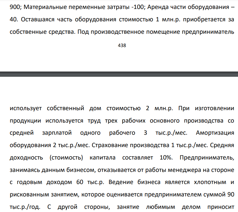 Предприниматель (собственник) принимает решение об открытии дела. Планируемые показатели дела, тыс.р./ год: Чистый объем реализации 900