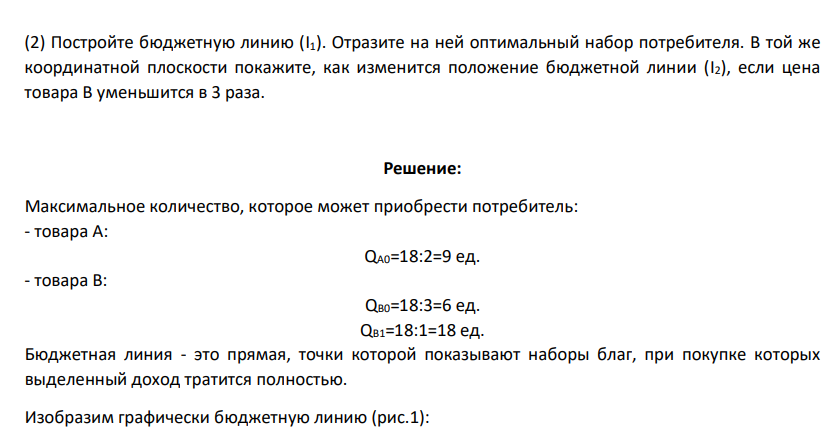 Постройте бюджетную линию (I1). Отразите на ней оптимальный набор потребителя. В той же координатной плоскости покажите, как изменится положение бюджетной линии (I2), если цена товара В уменьшится в 3 раза.