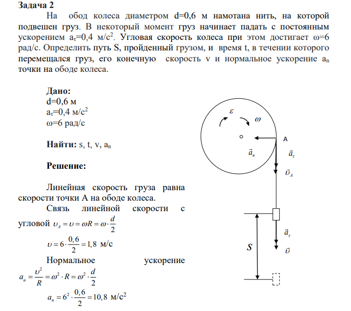 На обод колеса диаметром d=0,6 м намотана нить, на которой подвешен груз. В некоторый момент груз начинает падать с постоянным ускорением aτ=0,4 м/с2 . Угловая скорость колеса при этом достигает ω=6 рад/с.