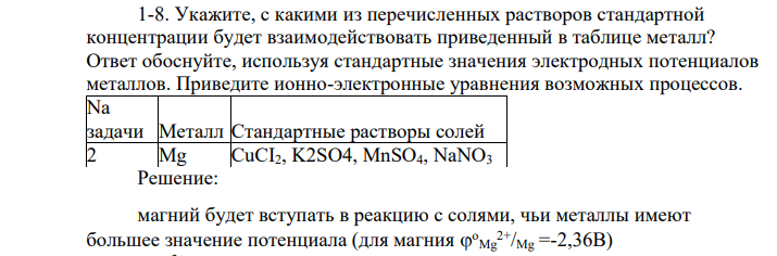 Укажите, с какими из перечисленных растворов стандартной концентрации будет взаимодействовать приведенный в таблице металл? Ответ обоснуйте, используя стандартные значения электродных потенциалов металлов. Приведите