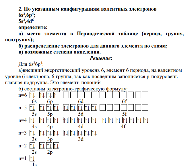По указанным конфигурациям валентных электронов 6s2 ,6p4 ; 5s2 ,4d6 определите: а) место элемента в Периодической таблице (период, группу, подгруппу); б) распределение электронов для данного элемента по слоям; в) возможные степени окисления.