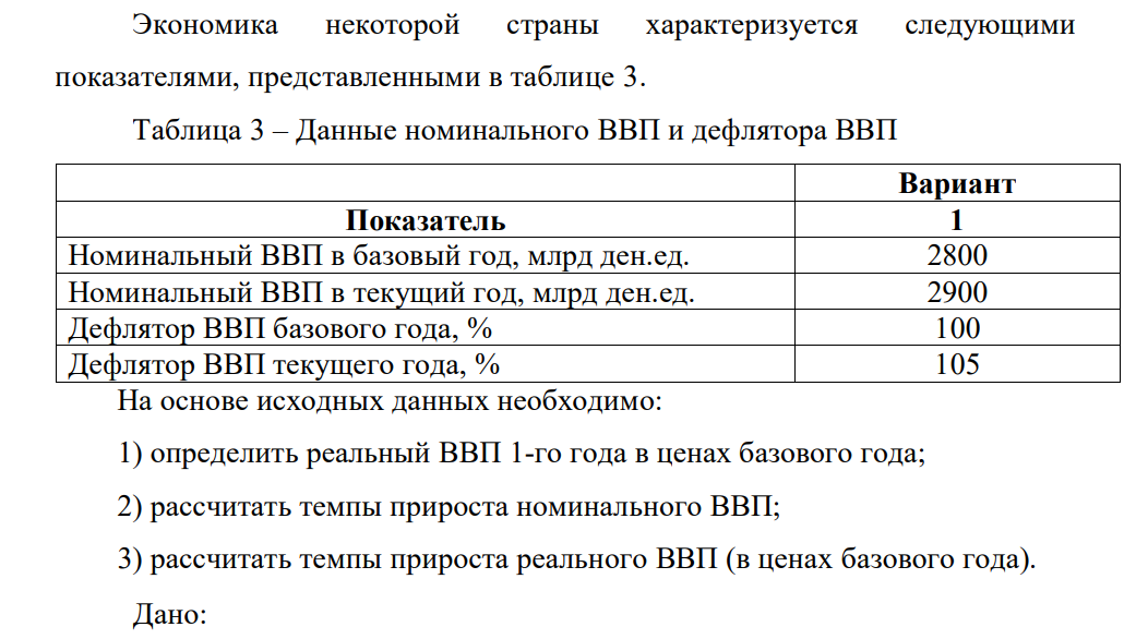 Экономика некоторой страны характеризуется следующими показателями, представленными в таблице 3. Таблица 3 – Данные номинального ВВП и дефлятора ВВП Вариант Показатель 1 Номинальный ВВП в базовый год, млрд ден.ед. 2800 Номинальный ВВП в текущий год, млрд ден.ед. 2900
