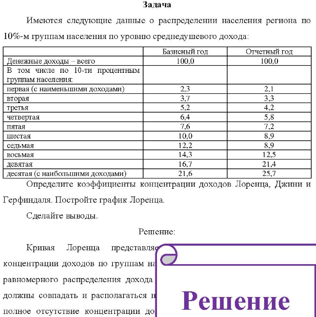 Имеются следующие данные о распределении населения региона по 10%-м группам населения по уровшю среднедушевого дохода: Базисный год Отчетный год Денежные доходы всего В том числе по 10-ти процентным группам населения: первая (с наименьшими доходами) вторая третья четвертая пятая шестая седьмая восьмая девятая десятая (с наибольшими доходами) 100,0 6,4 7,6 10,0 12.2 14,3 16,7 21,6 100. 0 7.2 8,9 12.5 21.4 25,7 Определите коэффициенты концентрации доходов Лоренца, Джини и Герфиндаля. Постройте график Лоренца.