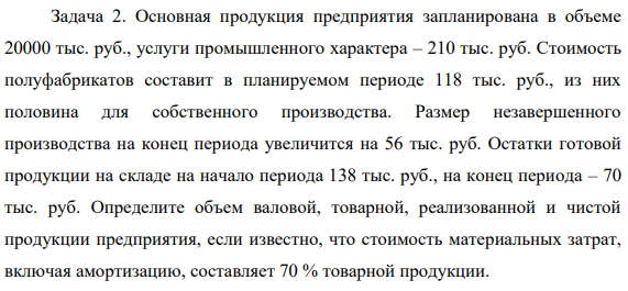 Основная продукция предприятия запланирована в объеме 20000 тыс. руб., услуги промышленного характера – 210 тыс. руб. Стоимость полуфабрикатов составит в планируемом периоде 118 тыс. руб., из них половина для собственного производства.