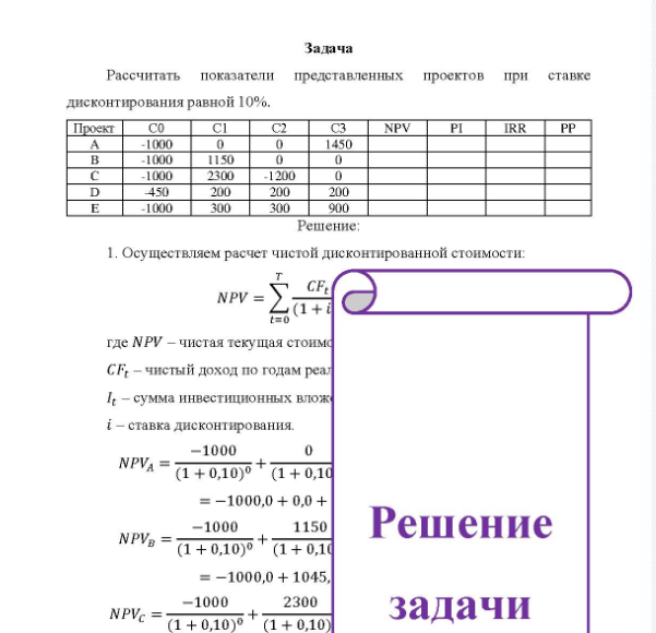 Задача Рассчитать показатели представленных проектов при ставке дисконтирования равной 10%. Проект NPV IRR PP -1000 -1000 1150 -1000 2300 450 200 -1000 300 1450 1200 200 200 300 900