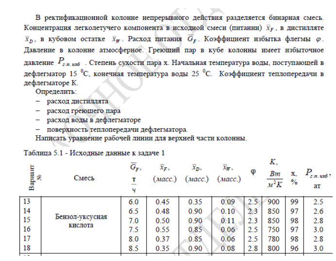 В ректификационной колонне непрерывного действия разделяется бинарная смесь. Концентрация легколетучего компонента в исходной смеси (питании) хг, в дистилляте Хр, в кубовом остатке хw. Расход питания Gr. Коэффициент избытка флегмы ф. Давление в колонне атмосферное.