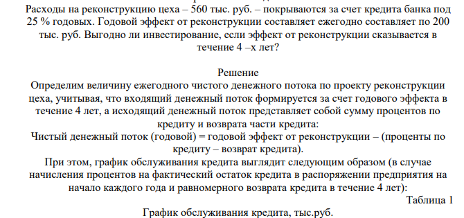 Расходы на реконструкцию цеха – 560 тыс. руб. – покрываются за счет кредита банка под 25 % годовых. Годовой эффект от реконструкции составляет ежегодно составляет по 200 тыс. руб.