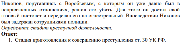 Никонов, поругавшись с Воробьевым, с которым он уже давно был в неприязненных отношениях, решил его убить. Для этого он достал свой газовый пистолет и переделал его на огнестрельный.