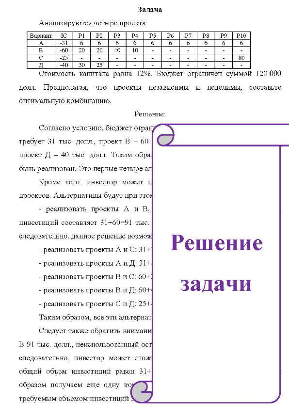 Анализируются четыре проекта: Вариант P7 -10 30 p9 Стоимость капитала равна 12%. Бюджет ограничен суммой 120 000 долл. Предполагая, что проскты независимы и неделимы, составьте оптимальную комбинацию.