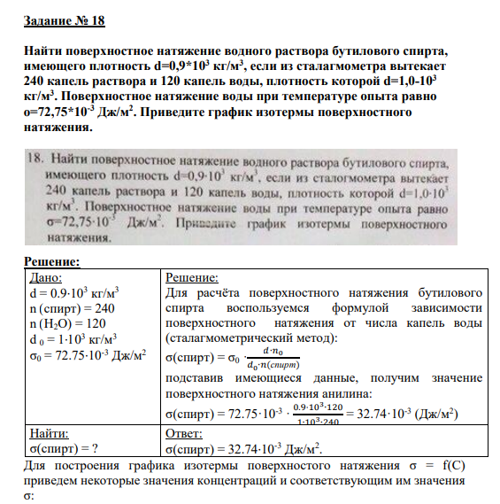 Задание № 18 Найти поверхностное натяжение водного раствора бутилового спирта, имеющего плотность d=0,9*103 кг/м3 , если из сталагмометра вытекает 240 капель раствора и 120 капель воды, плотность которой d=1,0-103 кг/м3 . Поверхностное натяжение воды при температуре опыта равно о=72,75*10-3 Дж/м2 . Приведите график изотермы поверхностного натяжения.