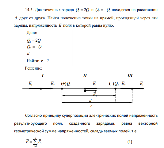 Два точечных заряда 1 Q Q 2 и Q Q 2 находятся на расстоянии d друг от друга. Найти положение точки на прямой, проходящей через эти заряды, напряженность E поля в которой равна нулю.
