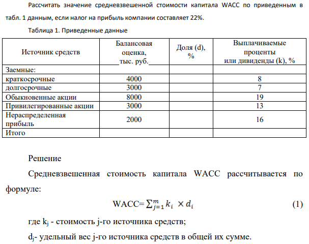 Рассчитать значение средневзвешенной стоимости капитала WACC по приведенным в табл. 1 данным, если налог на прибыль компании составляет 22% Обыкновенные акции 3000 тыс. руб.