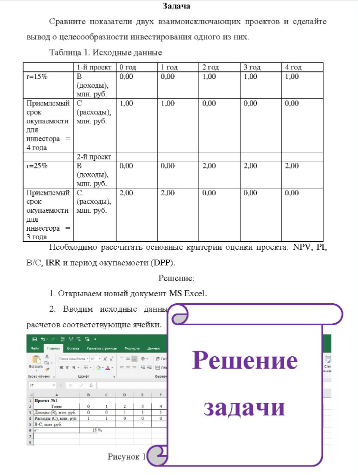 Задача Сравните показатели двух взаимоисключающих проектов и сделайте вывод о целесообразности инвестирования одного из них.