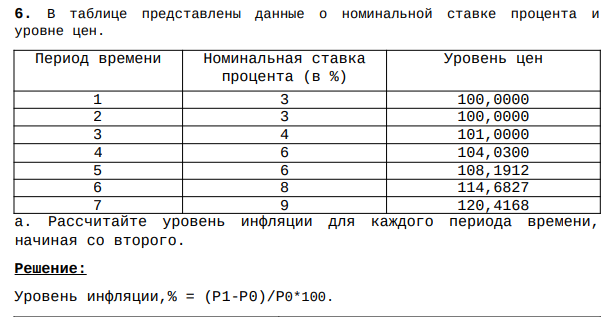 В таблице представлены данные о номинальной ставке процента и уровне цен. Период времени Номинальная ставка процента (в %) Уровень цен 1 3 100,0000 2 3 100,0000 3 4 101,0000 4 6 104,0300 5 6 108,1912 6 8 114,6827 7 9 120,4168 а.