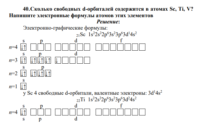 Сколько свободных d-орбиталей содержится в атомах Sc, Ti, V? Напишите электронные формулы атомов этих элементов