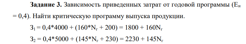 Зависимость приведенных затрат от годовой программы (Ен = 0,4Найти критическую программу выпуска продукции.