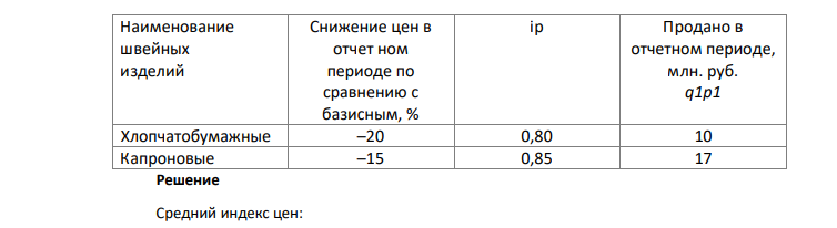 Определить среднее снижение цен на швейные изделия в отчетном периоде по сравнению с базисным по следующим данным: Таблица 8 – Изменение цен на швейные изделия 487 Наименование швейных изделий Снижение цен в отчет ном периоде по сравнению с базисным, % ip Продано в отчетном периоде, млн. руб