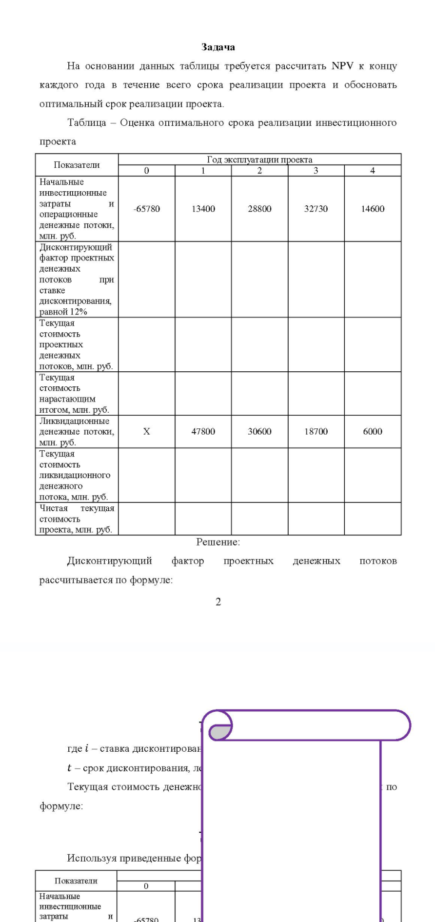 На основании данных таблицы требуется рассчитать NPV к концу каждого года в течение всего срока реализации проекта и обосновать оптимальный срок реализации проекта. Таблица - Оценка оптимального срока реализации инвестиционного проекта