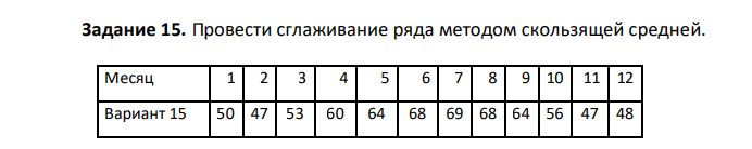 Провести сглаживание ряда методом скользящей средней. Месяц 1 2 3 4 5 6 7 8 9 10 11 12 Вариант 15 50 47 53 60 64 68 69 68 64 56 47 48