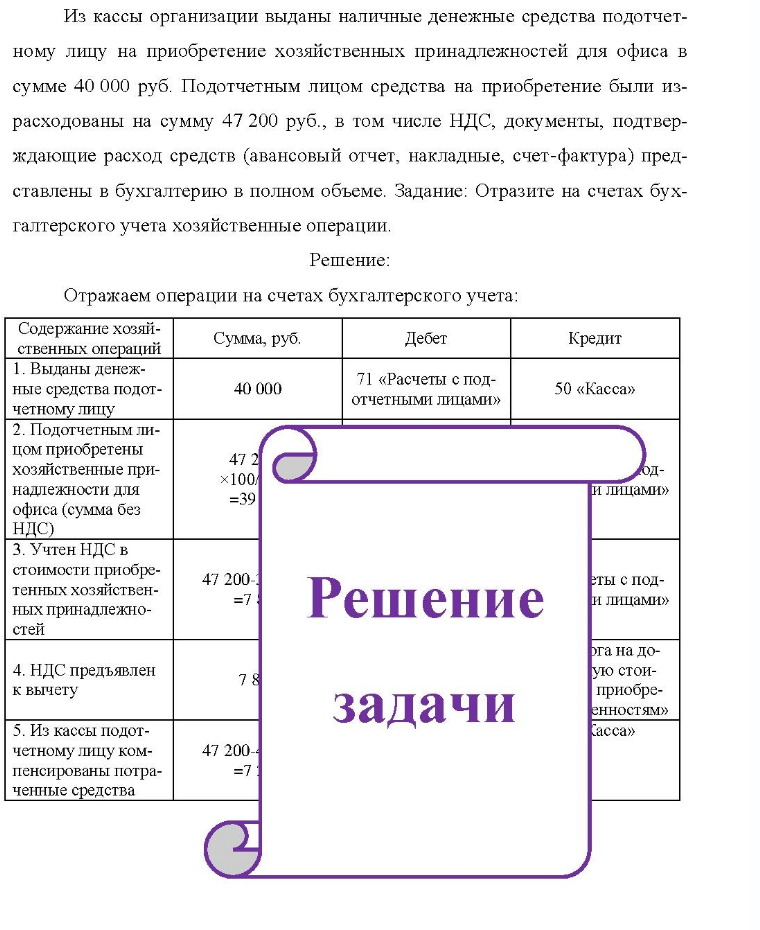 Из кассы организации выданы наличные денежные средства подотчет- ному лицу на приобретение хозяйственных принадлежностей для офиса в сумме 40 000 руб. Подотчетным лицом средства на приобретение были из- расходованы на сумму 47 200 руб., в том