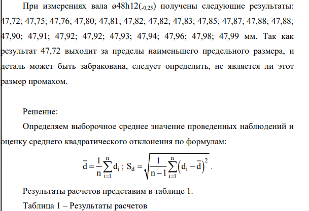 При измерениях вала ø48h12(-0,25) получены следующие результаты: 47,72; 47,75; 47,76; 47,80; 47,81; 47,82; 47,82; 47,83; 47,85; 47,87; 47,88; 47,88; 47,90; 47,91; 47,92; 47,92; 47,93; 47,94; 47,96; 47,98; 47,99 мм.