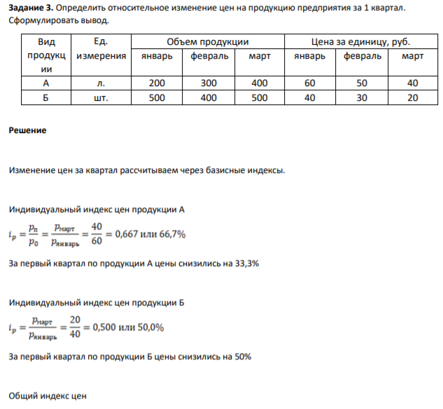 Определить относительное изменение цен на продукцию предприятия за 1 квартал. Сформулировать вывод.