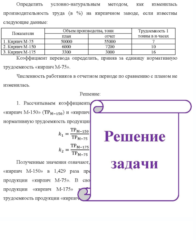 Определить условно-натуральным методом, как изменилась производительность труда (в %) на кирпичном заводе, если известны следующие данные: Показатели 1. Кирпич М-75 2. Кирпич М-150 3. Кирпич М-175 Объем производства, тонн план 50000 6000 3300 отчет 55000 7200