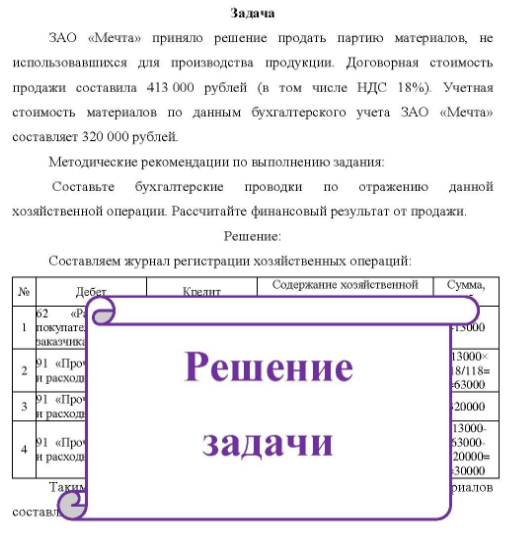 ЗАО «Мечта» приняло решение продать партию материалов, не использовавшихся для производства продукции. Договорная стоимость продажи составила 413 000 рублей (в том числе НДС 18%) Учетная стоимость материалов по данным бухгалтерского учета ЗАО «Мечта» составляет 320 000 рублей.