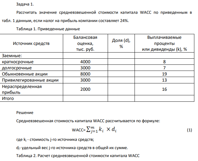 Рассчитать значение средневзвешенной стоимости капитала WACC по приведенным в табл. 1 данным, если налог на прибыль компании составляет 24%.