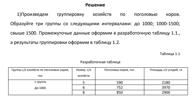 Произведите группировку хозяйств по поголовью коров. Образуйте три группы со следующими интервалами: до 1000; 1000-1500; свыше 1500.
