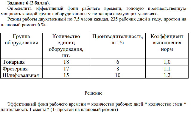 Определить эффективный фонд рабочего времени, годовую производственную мощность каждой группы оборудования и участка при следующих условиях. Режим работы двухсменный по 7,5 часов каждая, 235 рабочих дней в году, простои на плановый ремонт 6 %.