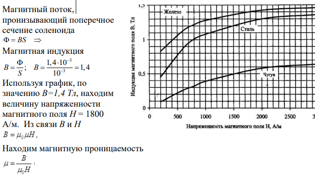 Площадь поперечного сечения соленоида с железным сердечником равна 10 см2 . Найдите: 1) магнитную проницаемость материала сердечника при условии, когда магнитный поток, пронизывающий площадь поперечного сечения соленоида, равен 1,4∙ 10-3 Вб.