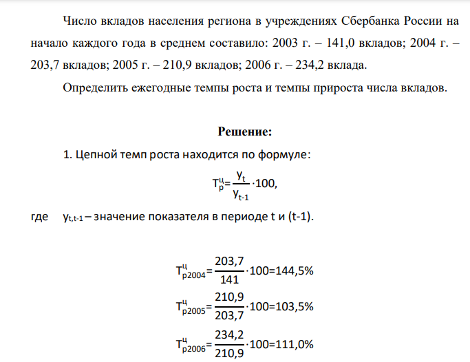 Число вкладов населения региона в учреждениях Сбербанка России на начало каждого года в среднем составило: 2003 г. – 141,0 вкладов; 2004 г. – 203,7 вкладов; 2005 г. – 210,9 вкладов; 2006 г. – 234,2 вклада. Определить ежегодные темпы
