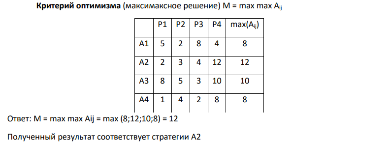 1. Возможно строительство четырех типов электростанций: A1 (тепловых), A2 (приплотинных), A3 (бесшлюзовых), A4 (шлюзовых). Состояния природы обозначим через 1 2 3 4 P P P P , , , . Экономическая эффективность строительства отдельных типов электростанций изменяется в зависимости от состояния природы и задана матрицей 5 2 8 4 2 3 4 12 8 5 3 10 1 4 2 8 . Определить, какую электростанцию необходимо строить. Степень оптимизма 0,5.