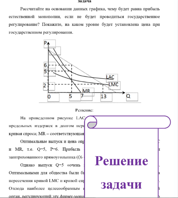 Рассчитайте на основании данных графика, чему будет равна прибыль естественной монополии, если не будет проводиться государственное регулирование? Покажите, на каком уровне будет установлена цена при государственном регулировании. LAC LMC MR Репенис: