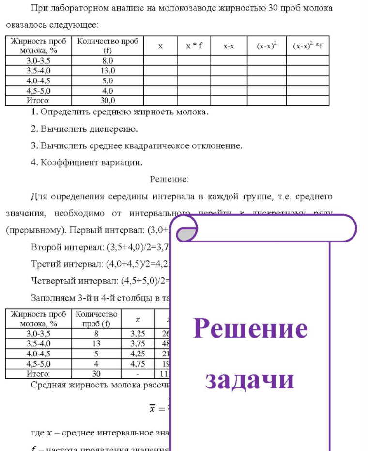 При лабораторном анализе на молокозаводе жирностью 30 проб молока оказалось следующее: Жирность проб Количество проб молока, % 3.0-3.5 3,5-4,0 4,0 4,5 4,5-5,0 Итого: (f) 8.0 13,0 5,0 4.0 30,0 X * x-x (x-x)2 (x-x)2 *f 1. Определить среднюю жирность молока. 2. 2.