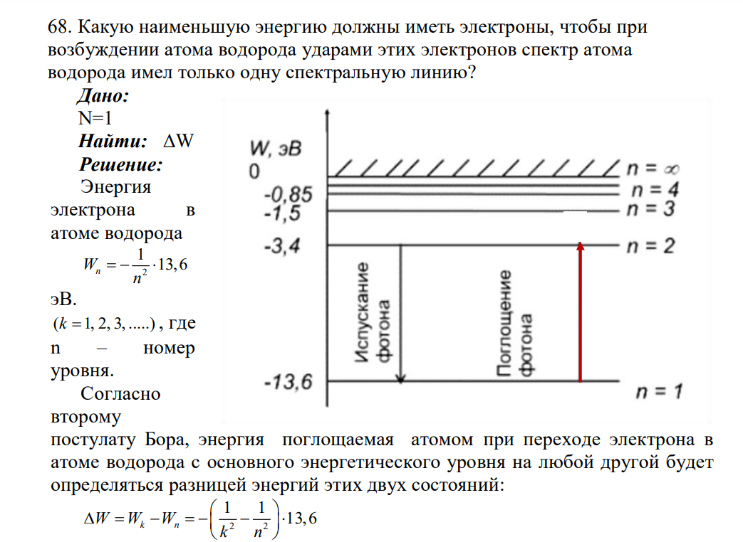 Какую наименьшую энергию должны иметь электроны, чтобы при возбуждении атома водорода ударами этих электронов спектр атома водорода имел только одну спектральную линию? Дано: N=1 Найти: ΔW