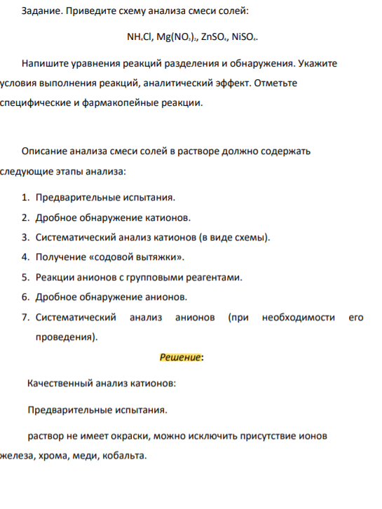 Приведите схему анализа смеси солей: NH4Cl, Mg(NO3)2, ZnSO4, NiSO4.