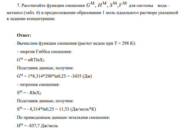 Рассчитайте функции смешения M M M M G H S V , , , для системы вода – метанол (табл. 6) в предположении образования 1 моль идеального раствора указанной в задании концентрации.