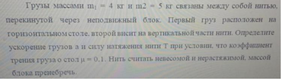 Грузы массами m1 = 4 кг и m2 = 5 кг связаны между собой нитью, перекинутой через неподвижный блок. Первый груз расположен на горизонтальном столе, второй висит на вертикальной части нити.