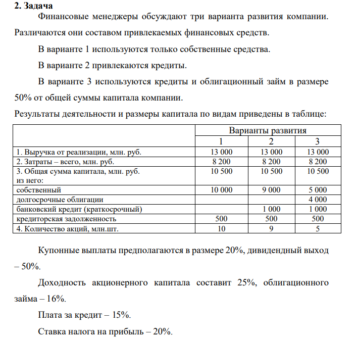 2. Задача Финансовые менеджеры обсуждают три варианта развития компании. Различаются они составом привлекаемых финансовых средств. В варианте 1 используются только собственные средства. В варианте 2 привлекаются кредиты. В варианте 3 используются кредиты и облигационный займ в размере 50% от общей суммы капитала компании. Результаты деятельности и размеры капитала по видам приведены в таблице: Варианты развития 1 2 3 1.
