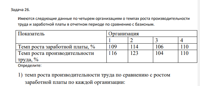Имеются следующие данные по четырем организациям о темпах роста производительности труда и заработной платы в отчетном периоде по сравнению с базисным. Показатель Организация 1 2 3 4 Темп роста заработной платы, % 109 114 106 110 Темп роста производительности труда, % 116 123 104 110 Определите: