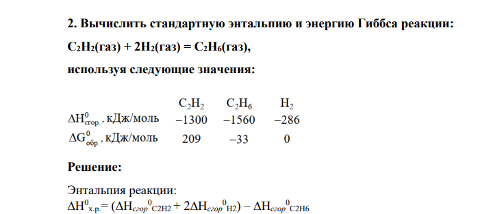 Вычислить стандартную энтальпию и энергию Гиббса реакции: С2H2(газ) + 2H2(газ) = C2H6(газ), используя следующие значения