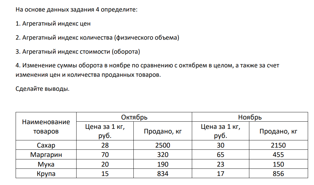 На основе данных задания 4 определите: 1. Агрегатный индекс цен 2.