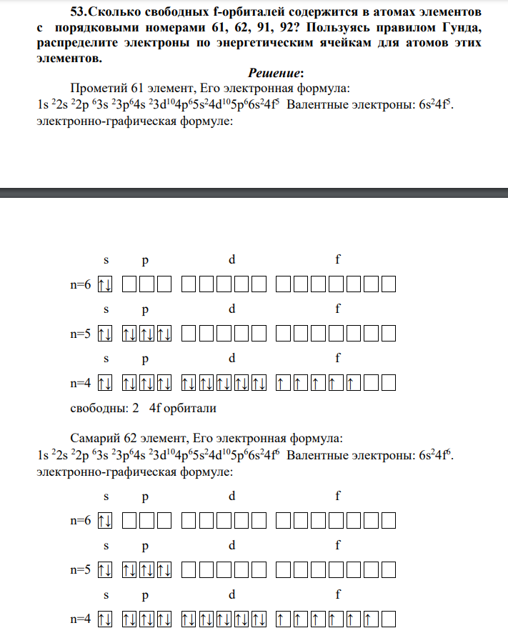 Сколько свободных f-орбиталей содержится в атомах элементов с порядковыми номерами 61, 62, 91, 92? Пользуясь правилом Гунда, распределите электроны по энергетическим ячейкам для атомов этих элементов.